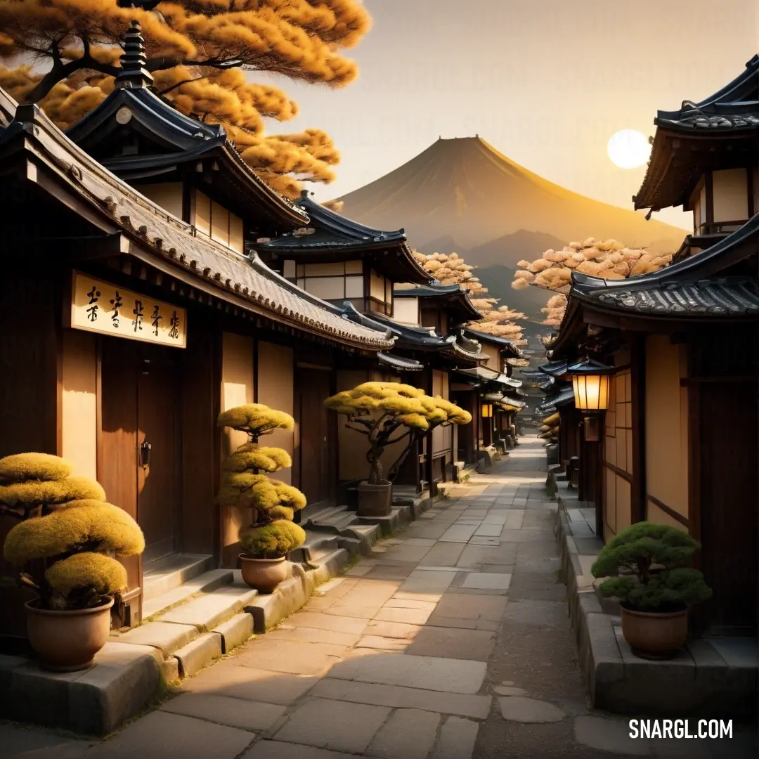 Street with a mountain in the background. Color RGB 181,119,71.