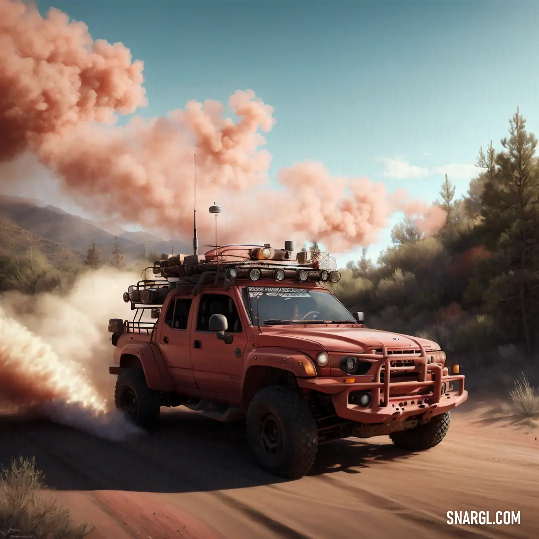 Red truck driving down a dirt road with smoke coming out of the top of it's roof. Color #B16C60.