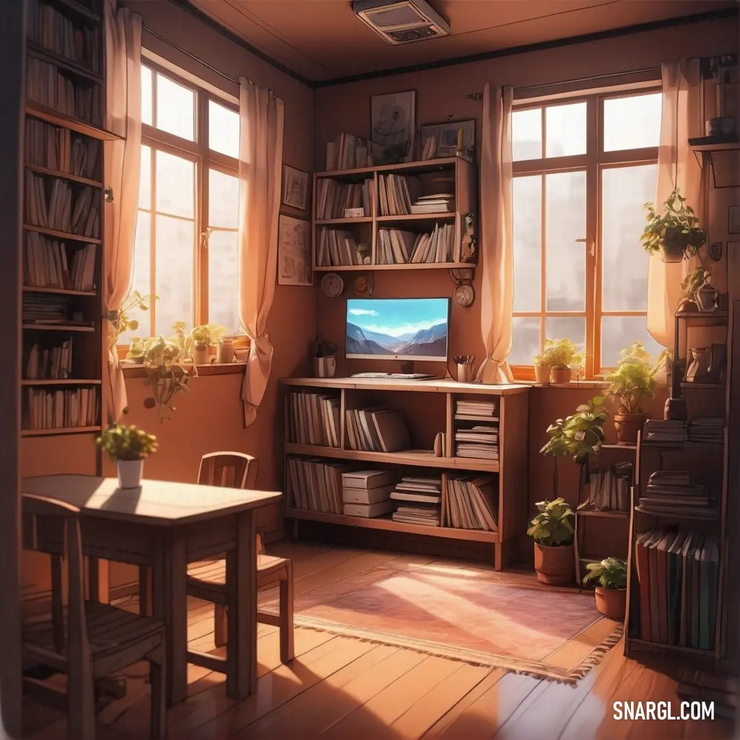 NCS S 3030-Y80R color. Room with a desk, bookshelf