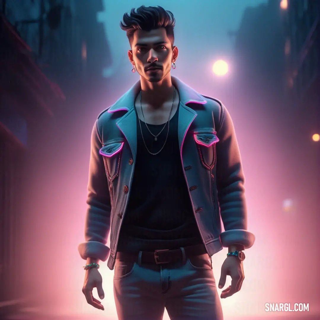 Man in a leather jacket standing in a dark alleyway with a neon light behind him. Color CMYK 72,4,0,40.