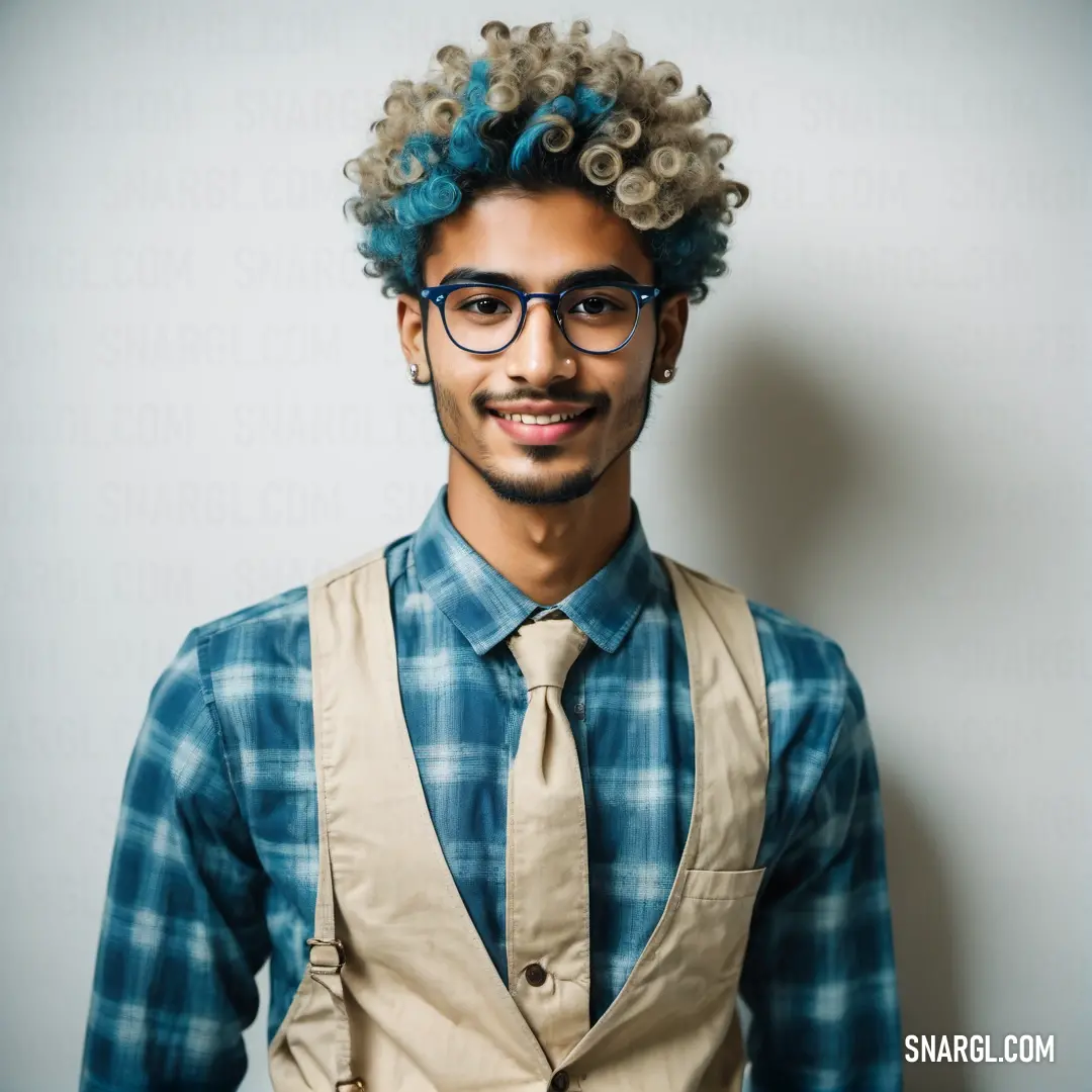 NCS S 3040-B color example: Man with a blue hair and glasses wearing a tie and suspenders and a plaid shirt