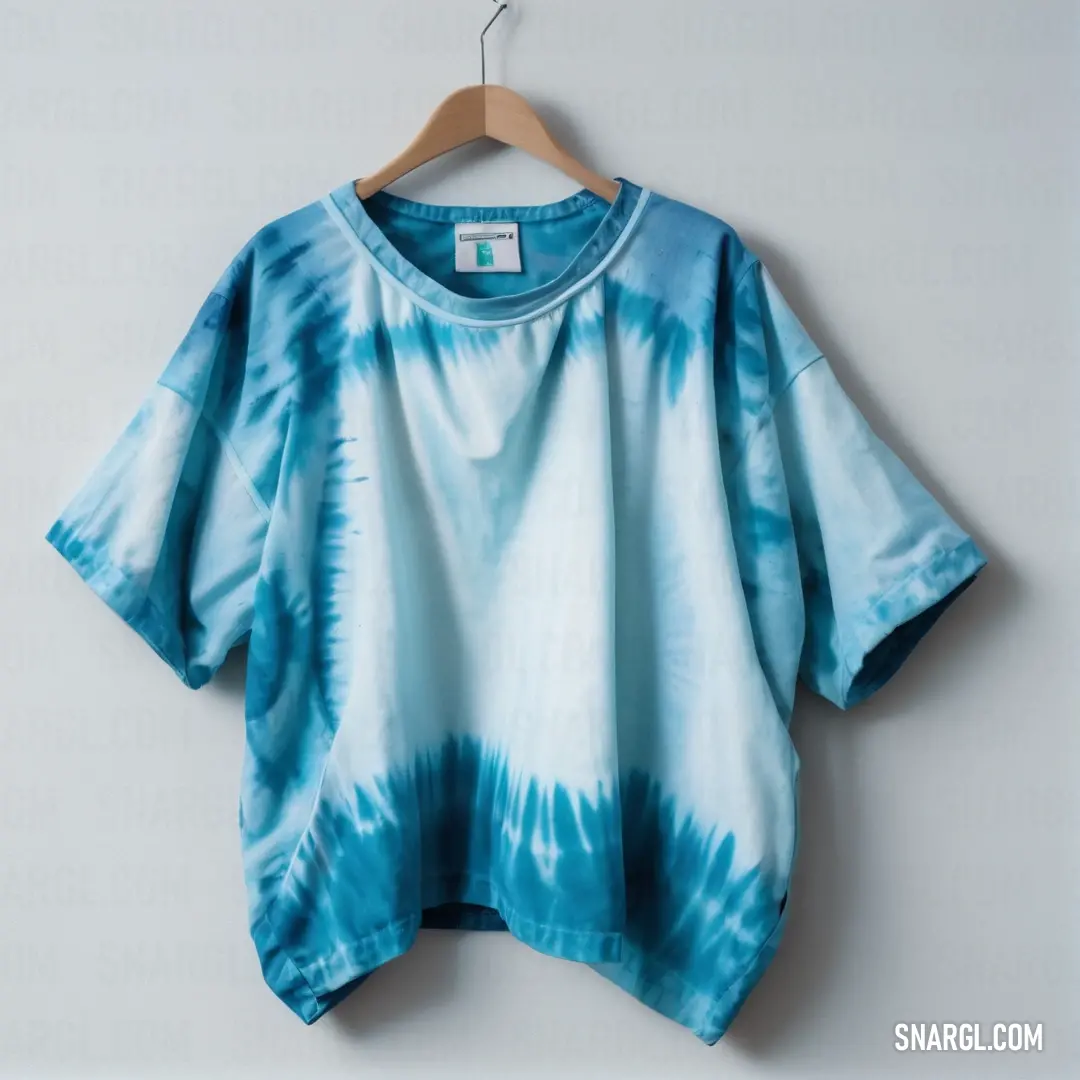 NCS S 3040-B color. Blue and white shirt hanging on a hanger on a wall