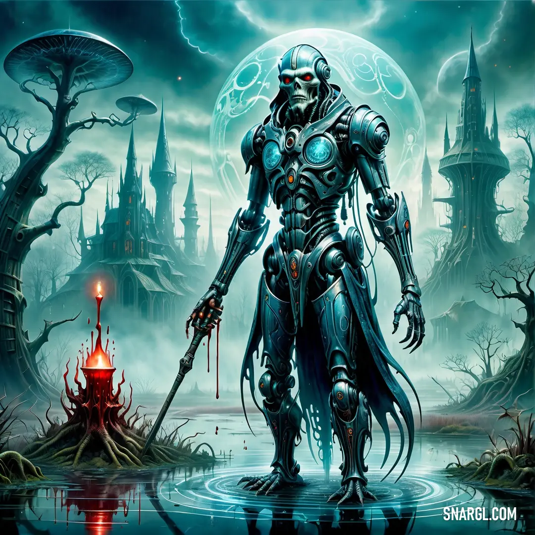 NCS S 3040-B10G color. Man in a futuristic suit standing in a swampy area with a giant skull on his head