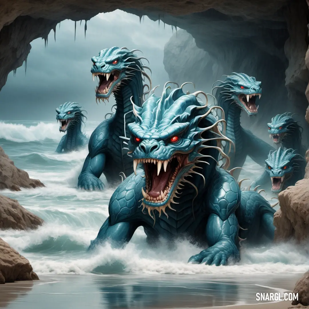 NCS S 3040-B10G color. Group of blue monsters in a cave by the ocean with a man in the water behind them and a cave