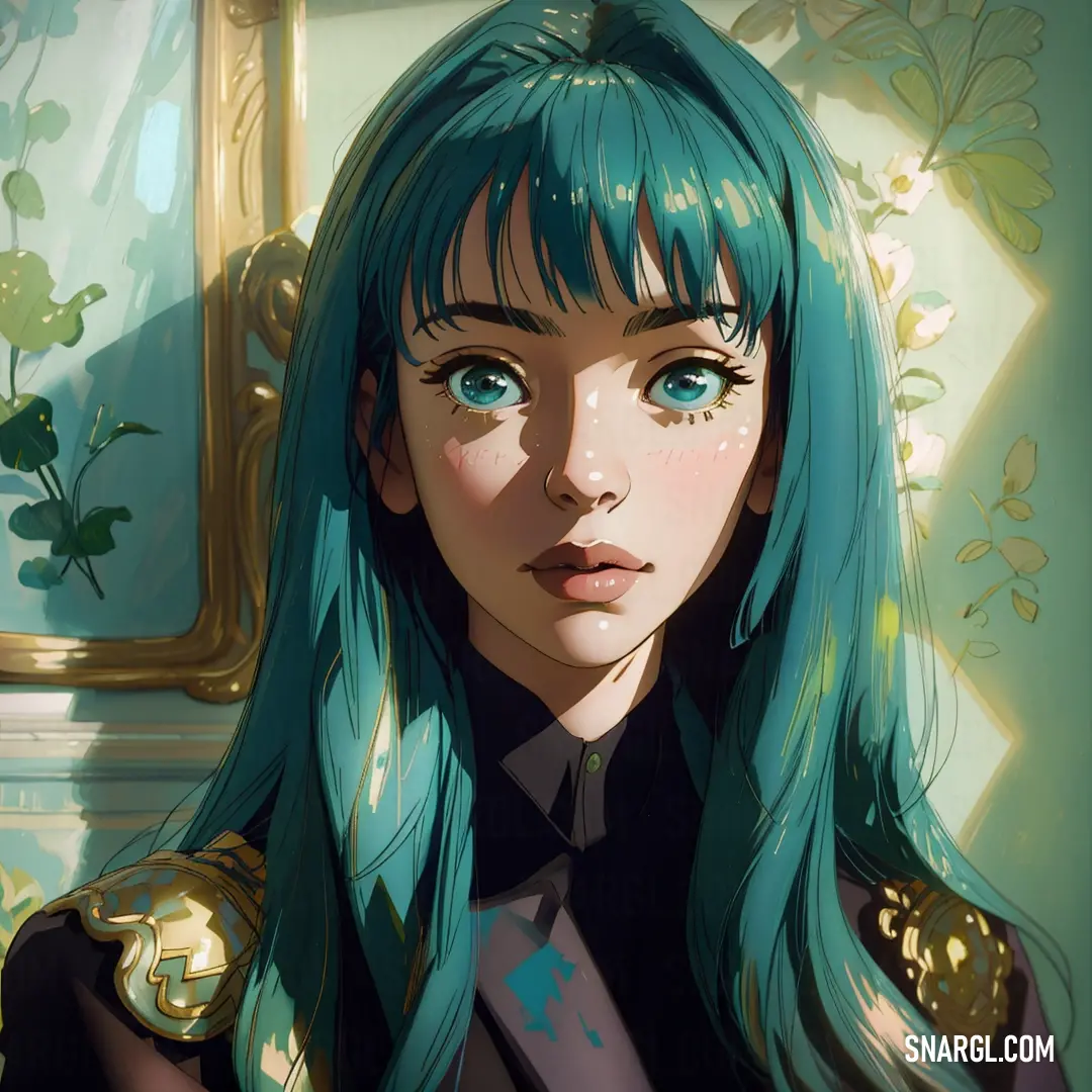 Woman with blue hair and a tie in a room with a mirror and a wall with flowers on it. Example of CMYK 73,0,15,37 color.