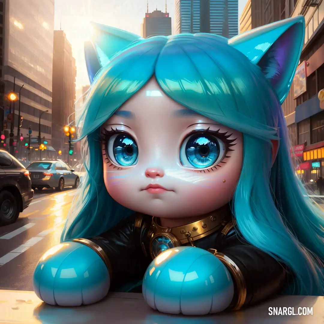 Cartoon cat girl on a city street with a blue hair and blue eyes. Color #008690.