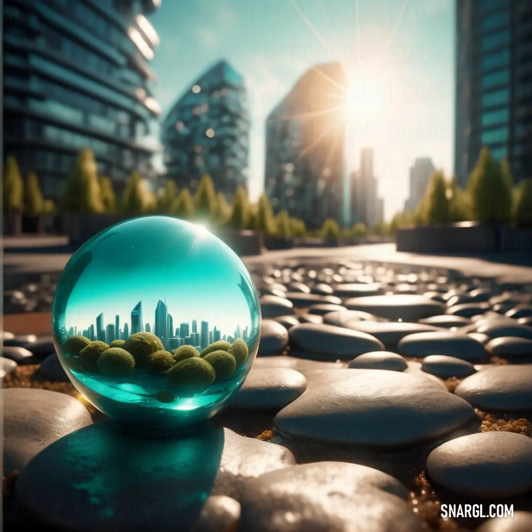 Glass ball with a city in it on a stone walkway in front of a cityscape. Color NCS S 3040-B20G.