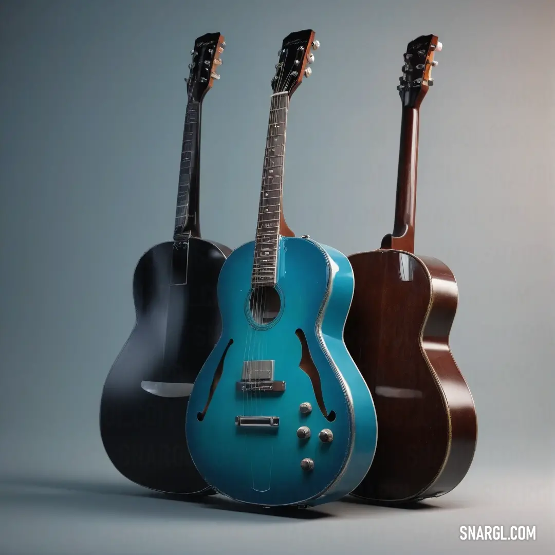 Three guitars are lined up in a row on a gray background. Example of CMYK 80,0,24,32 color.
