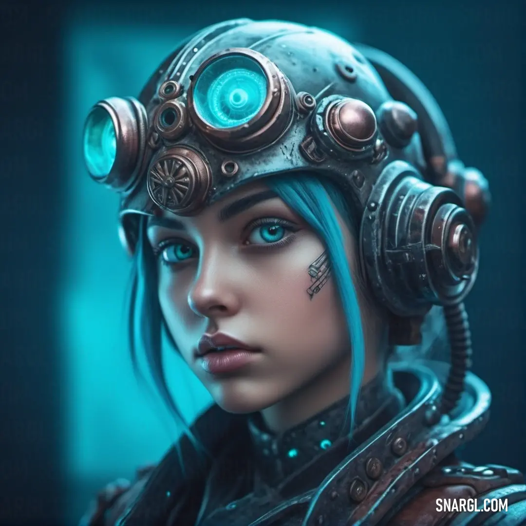 Woman with blue hair wearing a helmet and a steampunk helmet with a light blue eye. Color NCS S 3040-B20G.
