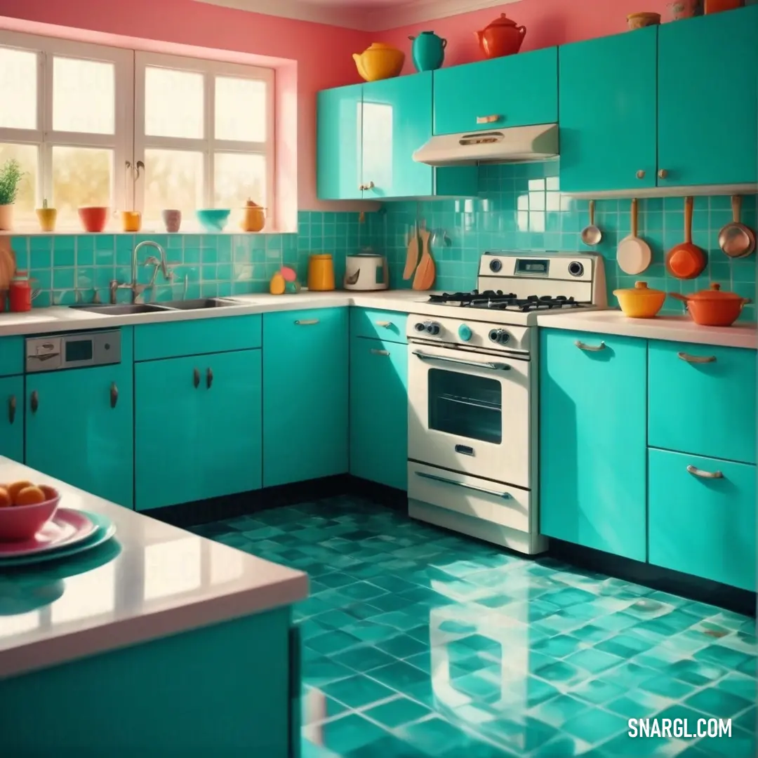 Kitchen with a blue and pink color scheme and a white stove top oven and a dishwasher. Color NCS S 3040-B60G.