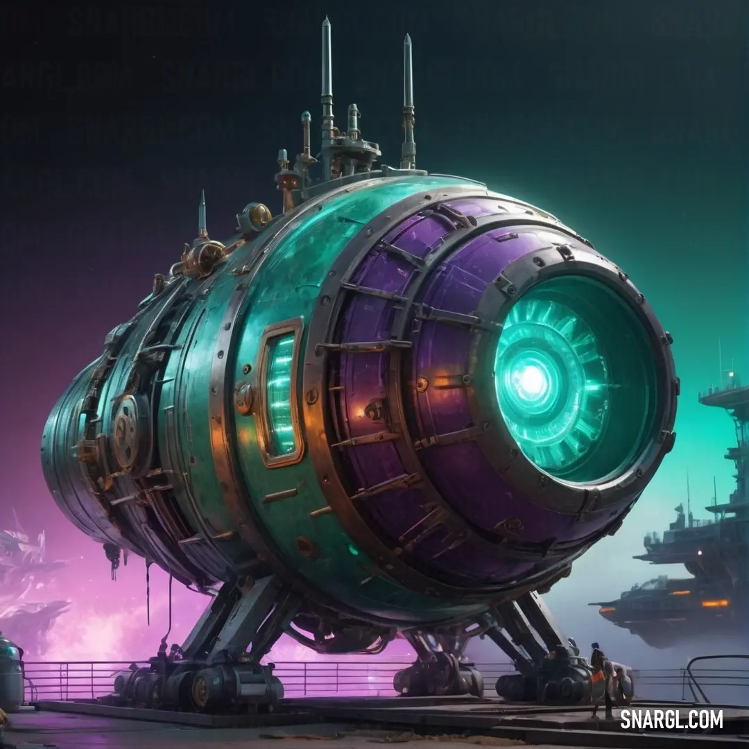 Futuristic looking machine with a glowing light in the center of it's body and a large ship in the background. Example of CMYK 82,0,50,15 color.