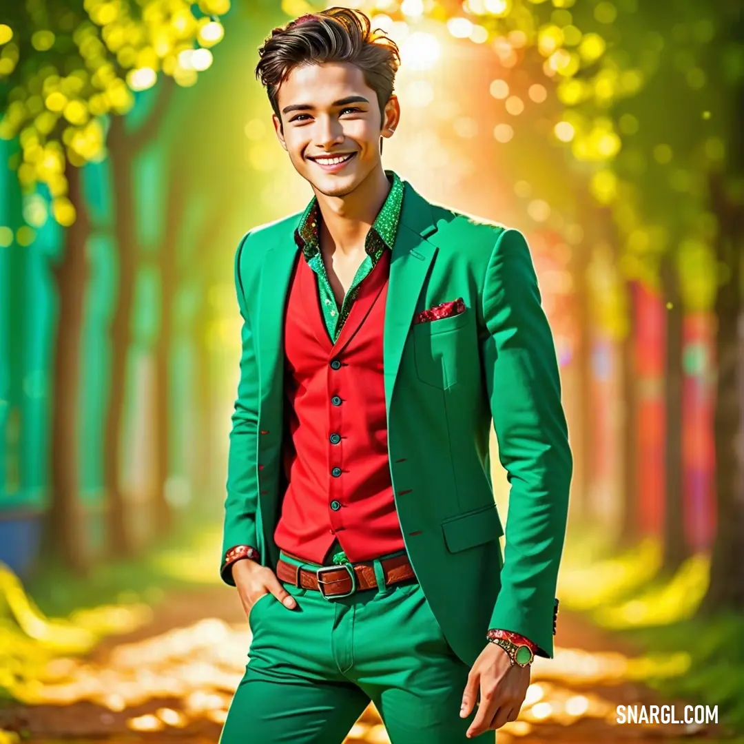 Man in a green suit and red shirt standing in a forest with trees and leaves on the ground. Example of NCS S 3040-B80G color.
