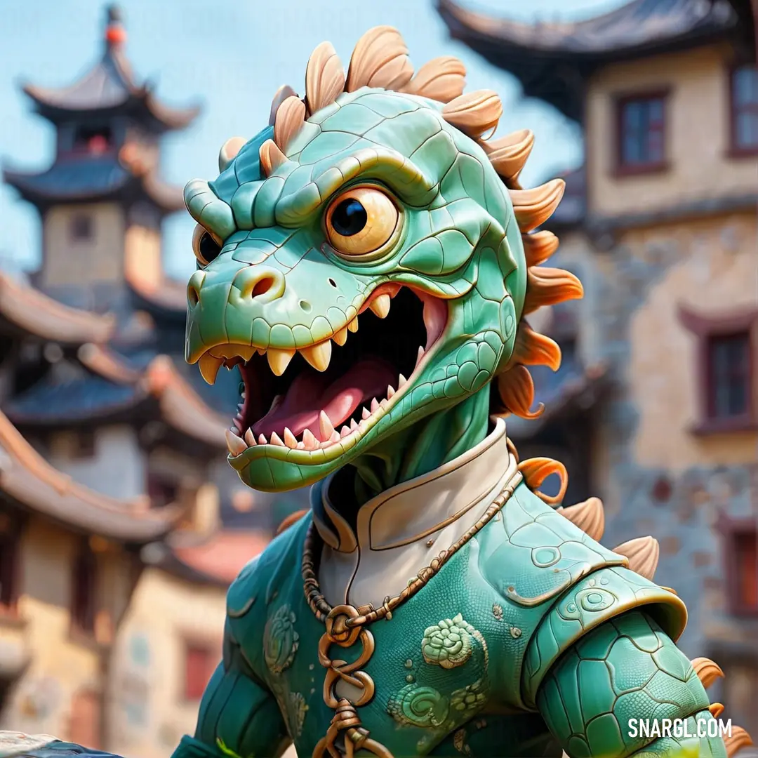 Green dragon statue with a large mouth and a gold chain around its neck and a building in the background. Example of RGB 0,157,124 color.