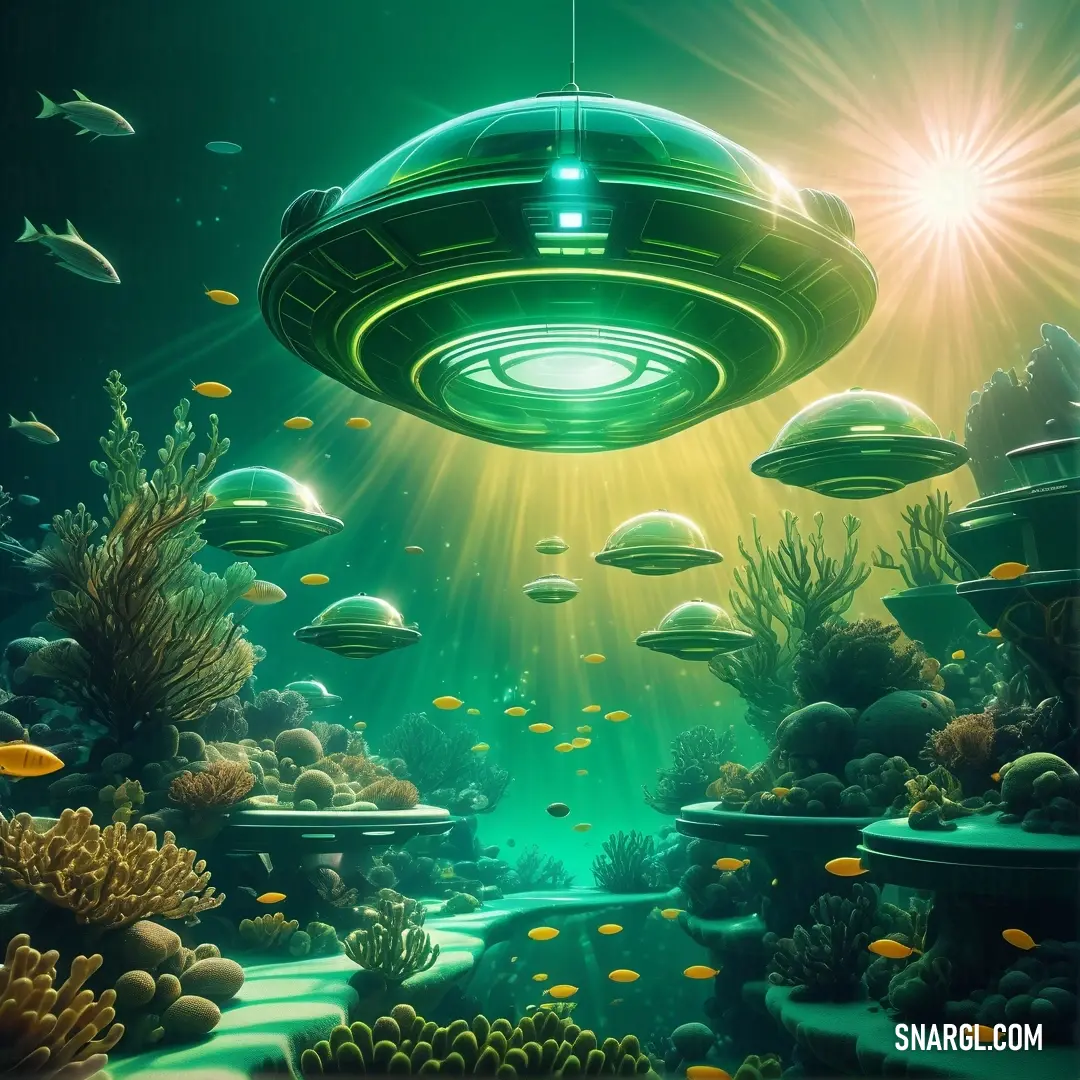 Painting of a green alien ship floating over a coral reef with fish and other sea creatures around it. Color #009D7C.