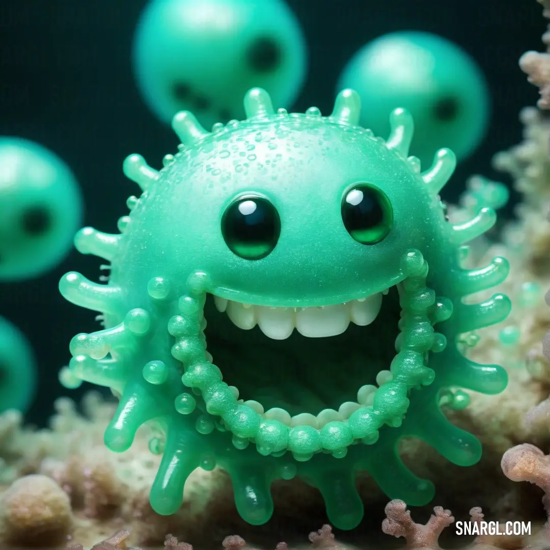 Green toy with a smile on it's face and eyes. Color RGB 26,159,119.
