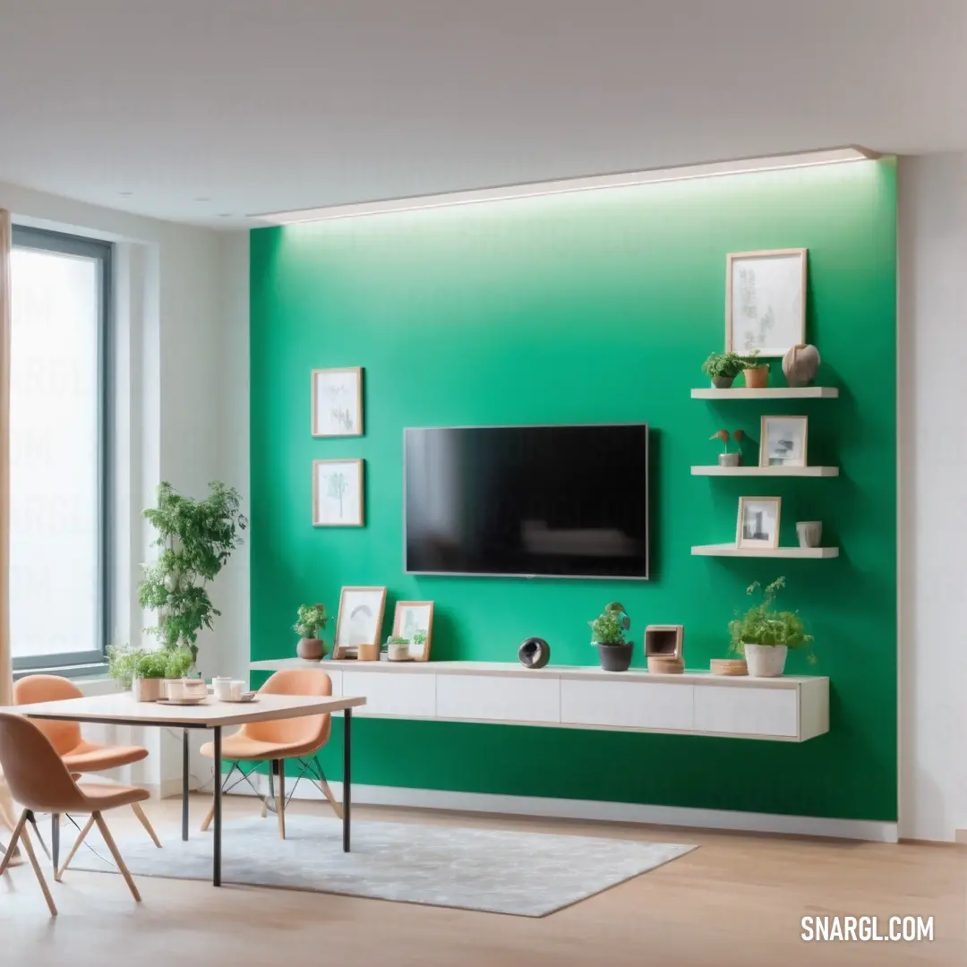 Living room with a large flat screen tv on a wall above a table with chairs and a rug. Color CMYK 79,0,62,15.