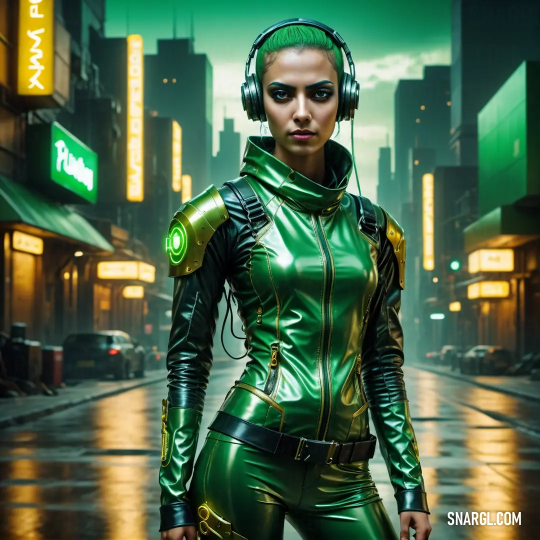 Woman in a green suit and headphones standing in the rain in a city at night with neon lights. Example of #439F64 color.