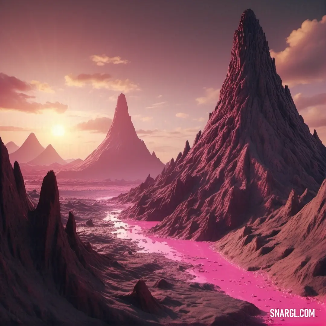 Computer generated image of a mountain range with a pink light in the middle of it. Example of CMYK 0,70,37,35 color.