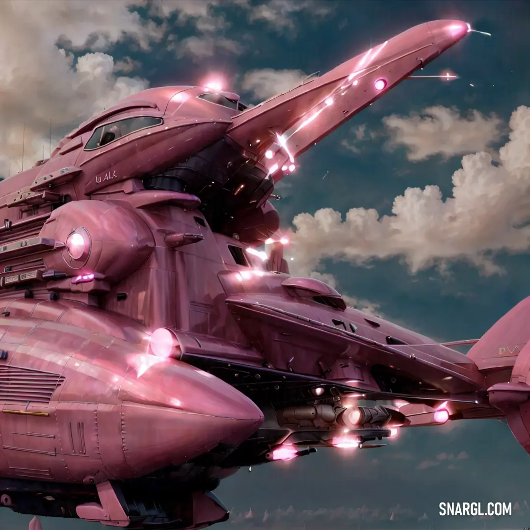 Futuristic pink airplane flying through a cloudy sky with pink lights on it's wings and a star trail. Color CMYK 0,70,15,40.