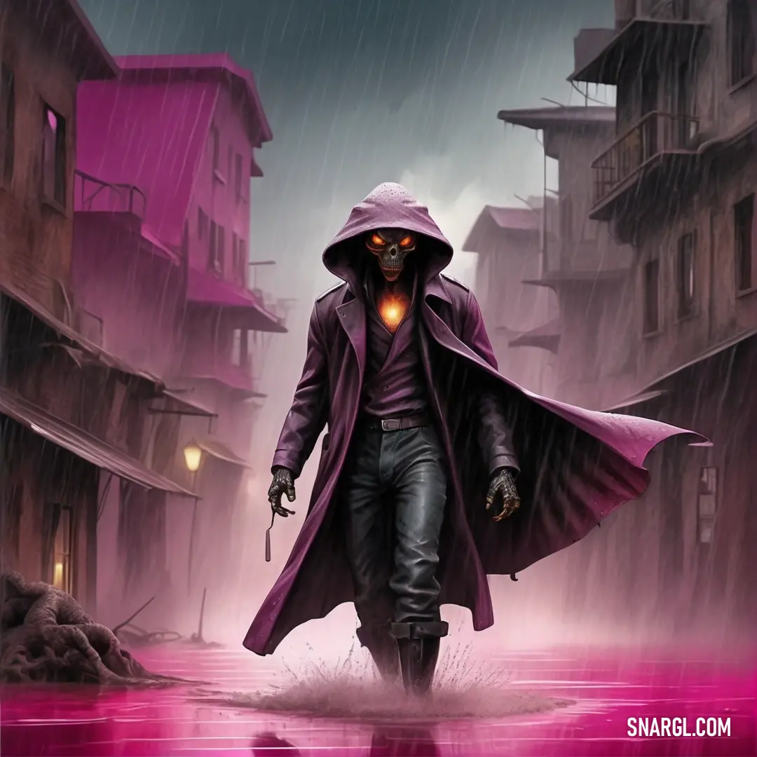 NCS S 3040-R20B color example: Man in a purple coat walking through a puddle of water in a city with buildings and a neon light