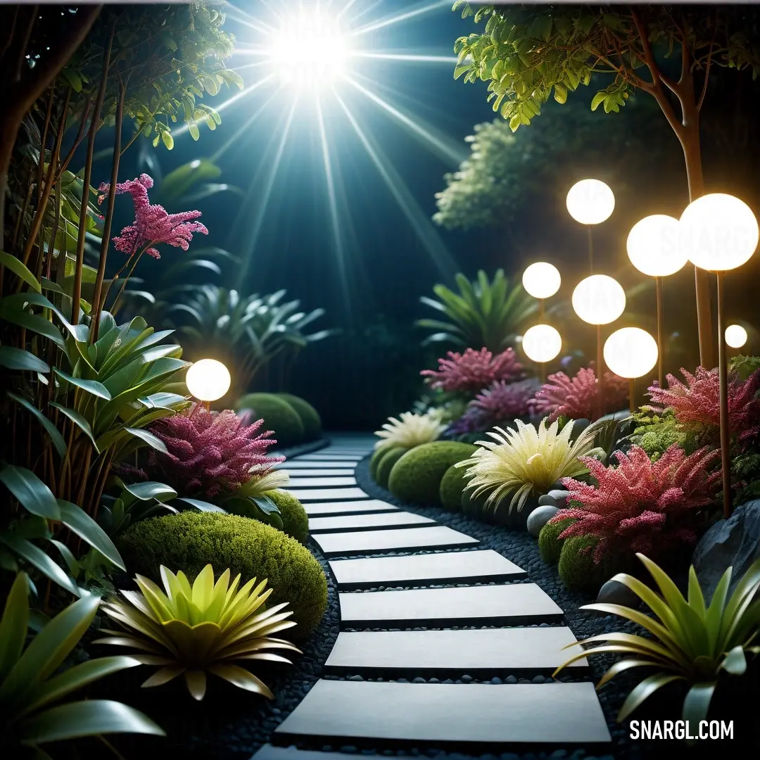 NCS S 3040-R20B color. Pathway with lights and plants in the middle of it at night time with a light shining on the ground