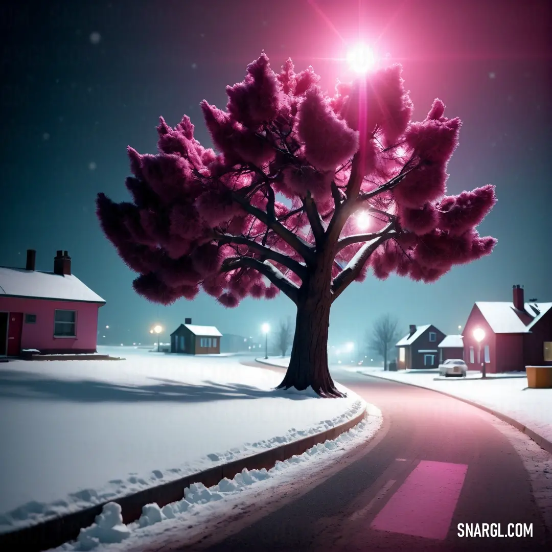 Tree in the middle of a snowy road at night with a pink light shining on it's branches. Color NCS S 3040-R30B.