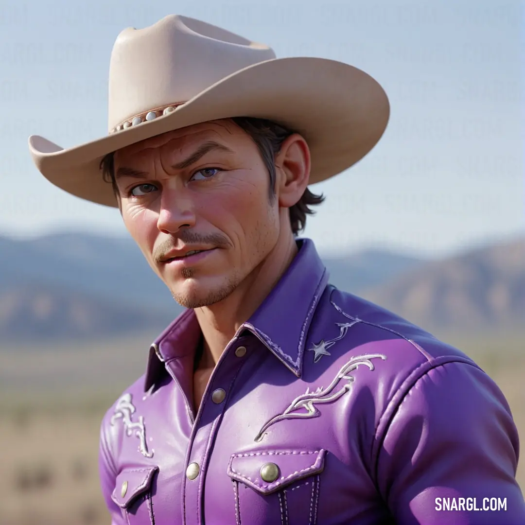 Man in a purple shirt and cowboy hat looking at the camera with a mountain in the background. Example of NCS S 3040-R50B color.