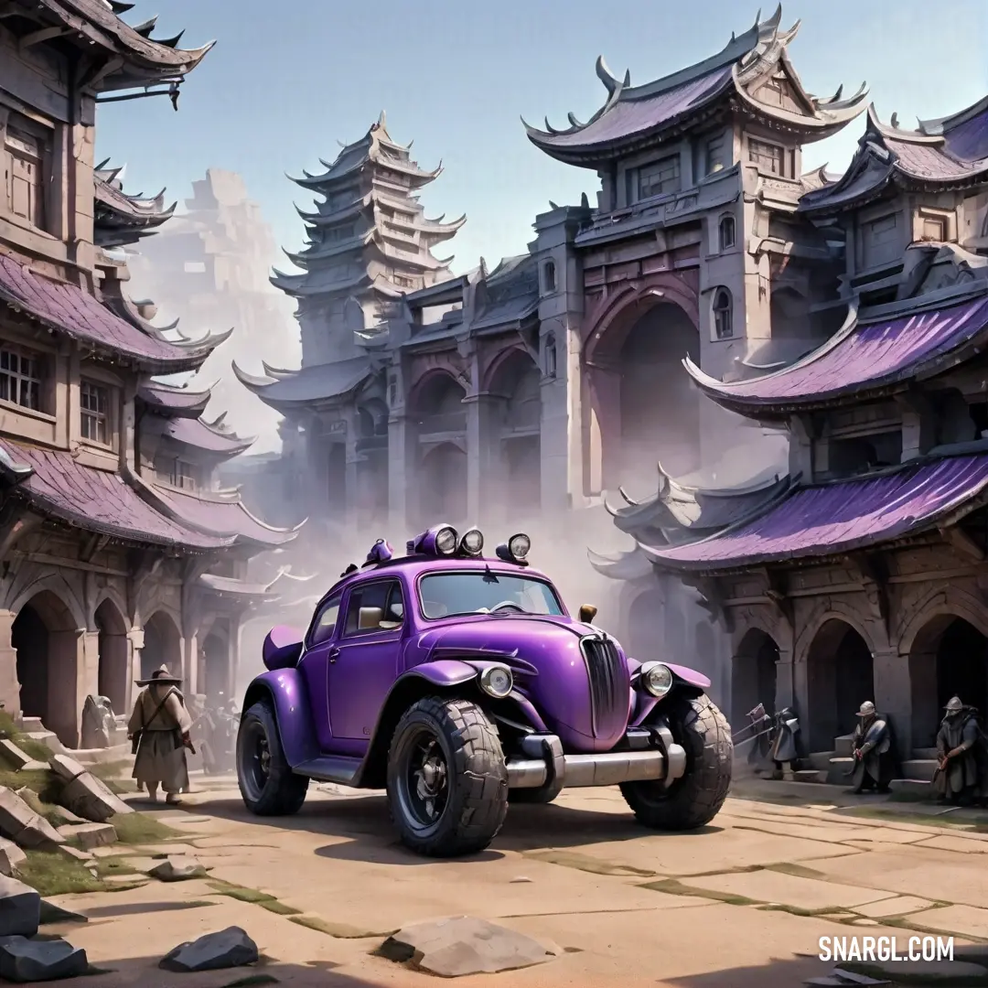 Purple car parked in front of a building with a purple roof and a purple car. Example of RGB 155,84,169 color.