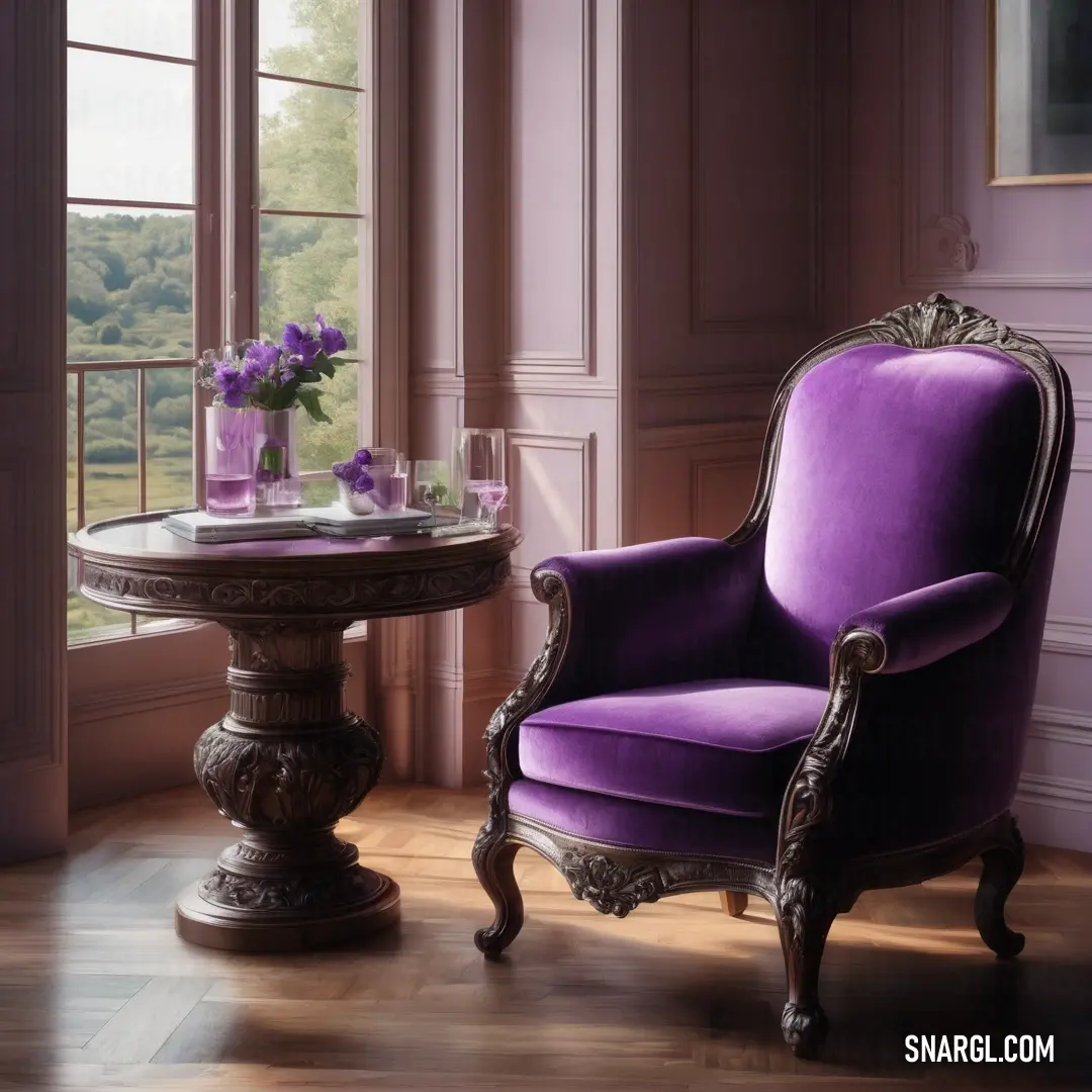 NCS S 3040-R50B color example: Purple chair and a table in a room with a window and a view of a valley outside the window