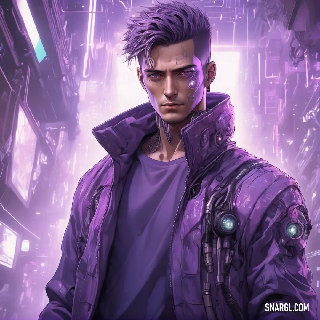 Man in a purple jacket standing in a futuristic city with a futuristic light coming from his eyes and a futuristic looking head