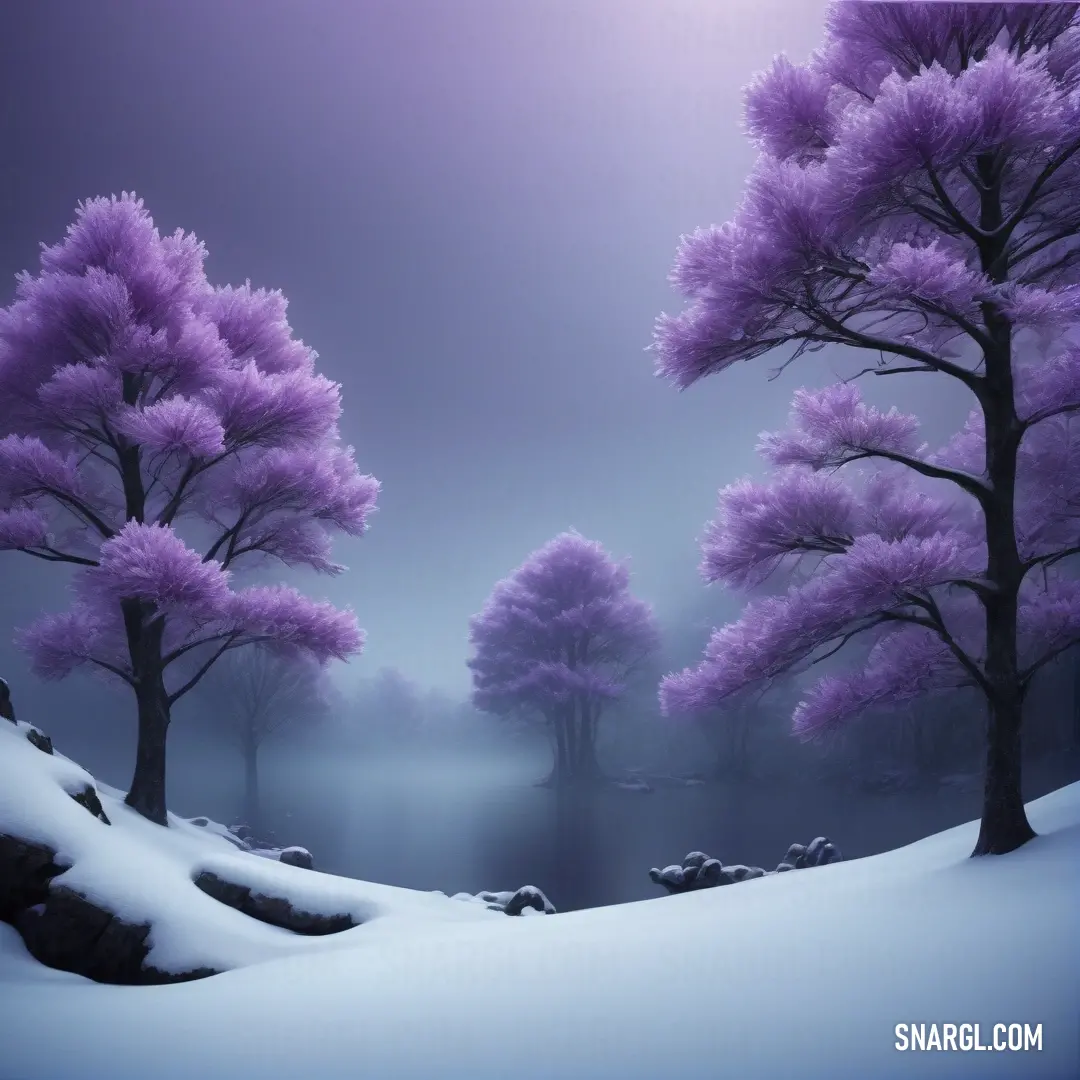 Purple forest with snow on the ground and trees in the background. Example of #8065B6 color.