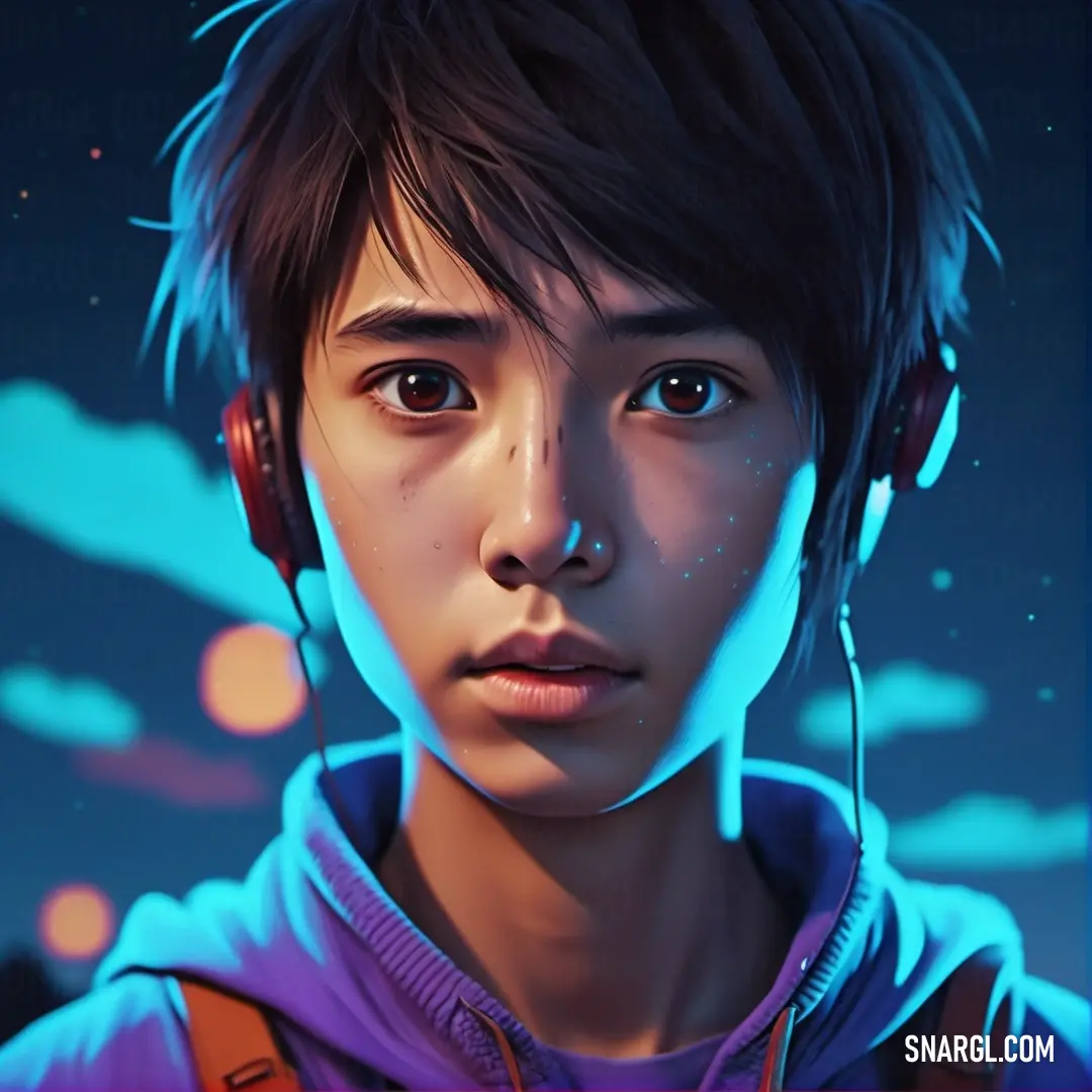 Young man with headphones on his ears looking at the camera with a blue sky in the background. Color RGB 128,101,182.