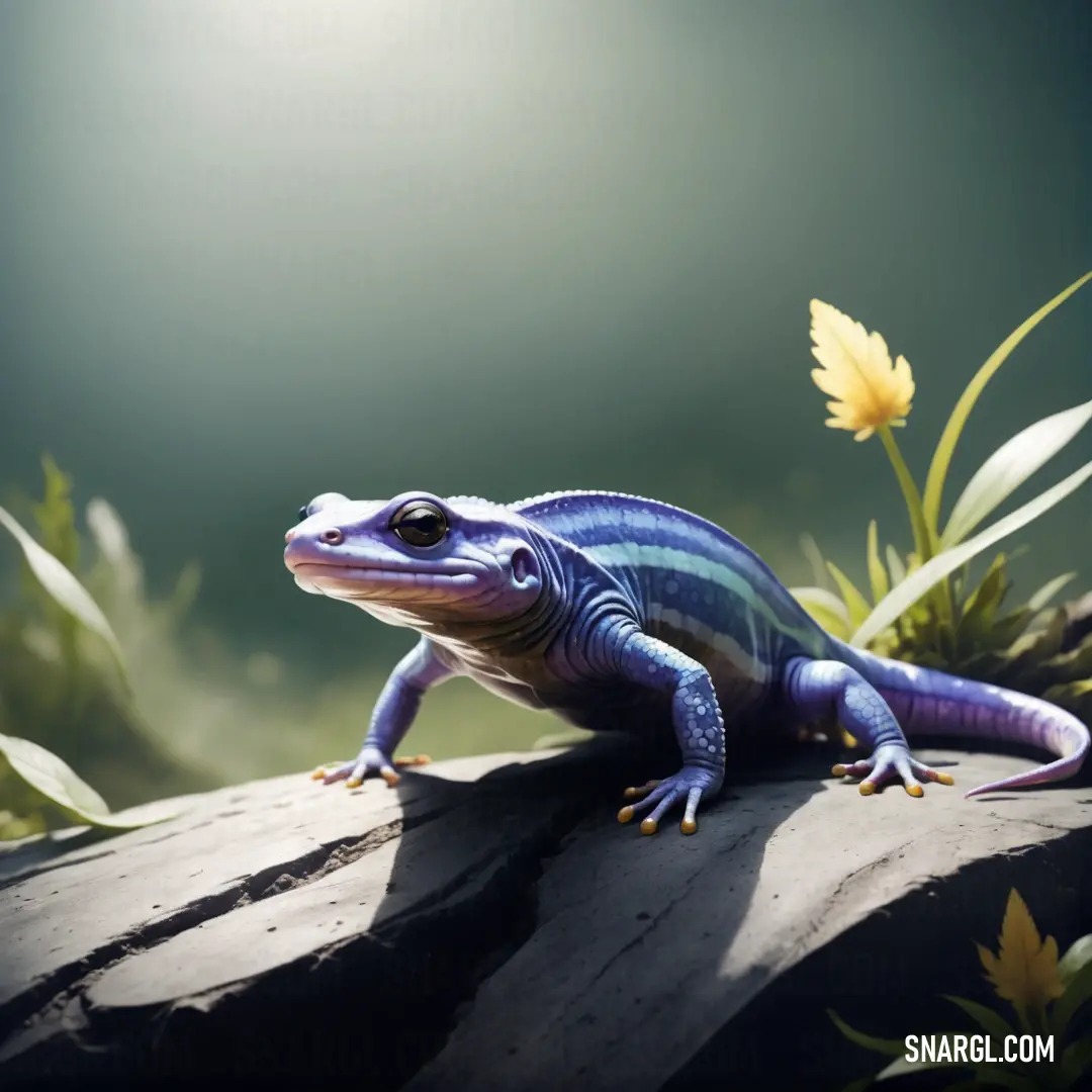 Blue and black lizard on a rock with a flower in the background. Example of NCS S 3040-R70B color.