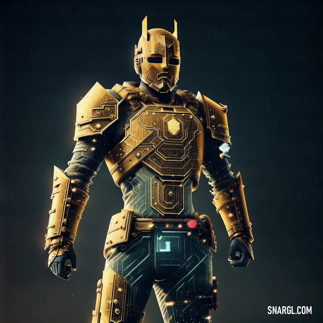Futuristic man in armor standing in the dark with his hands on his hips and a glowing light on his chest. Color #B08538.