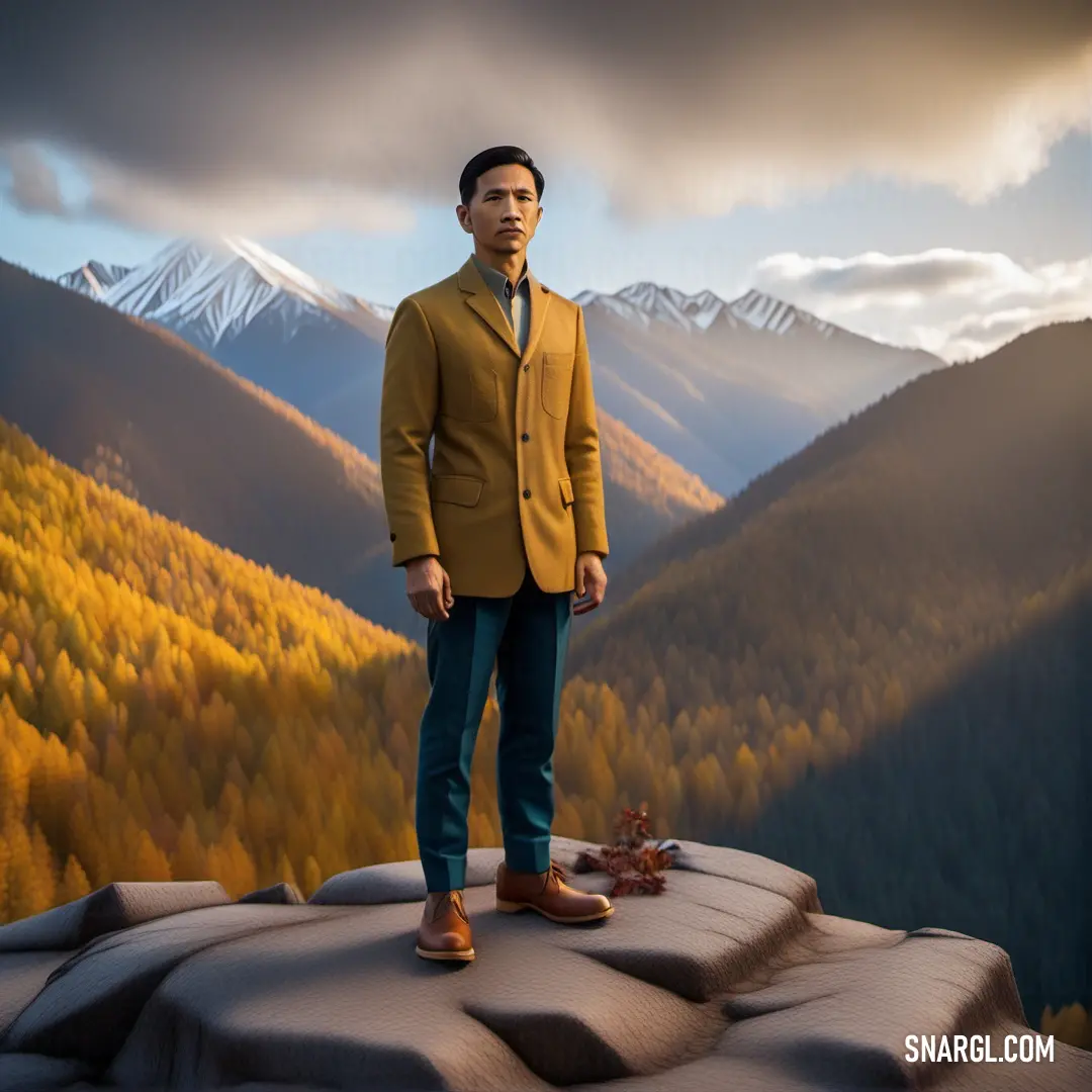 Man standing on a rock in the mountains with a view of the mountains and trees in the background. Example of RGB 176,133,56 color.