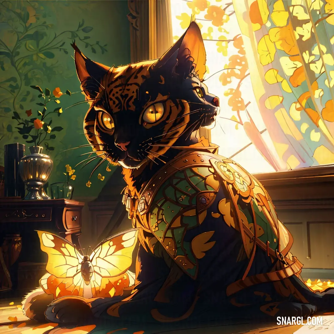 Cat on the floor next to a lamp and a window with a butterfly on it's chest. Example of NCS S 3040-Y20R color.