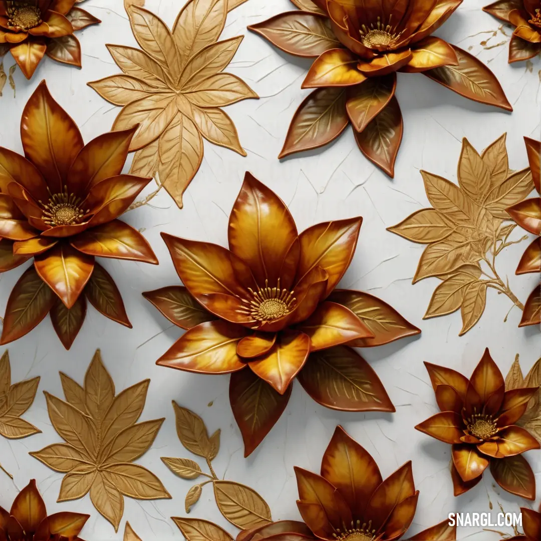Close up of a flower on a white surface with gold leaves on it. Example of RGB 173,119,48 color.