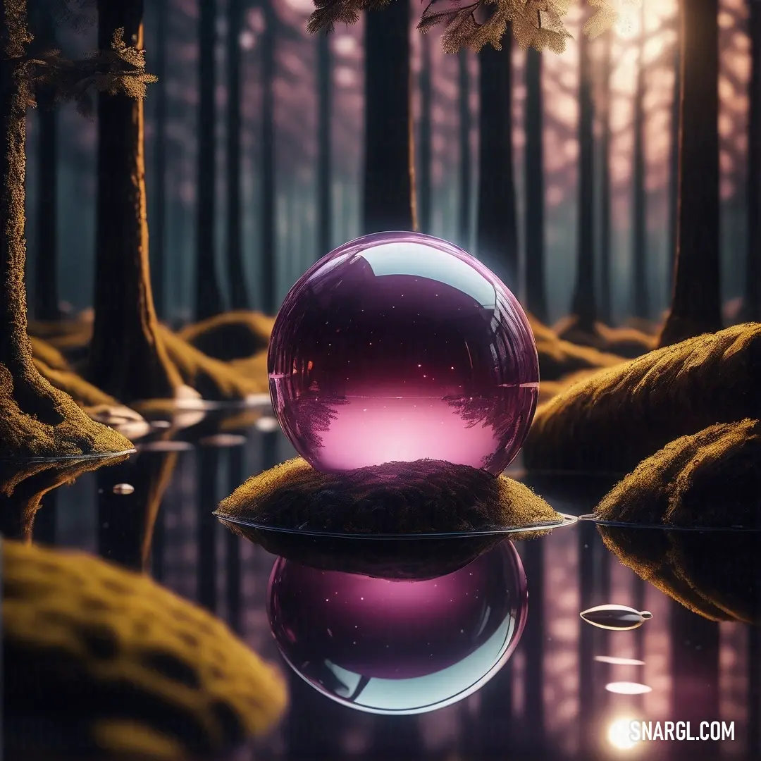 Purple ball floating in a pond surrounded by trees and grass in the woods at night time with a bright light shining on the ground