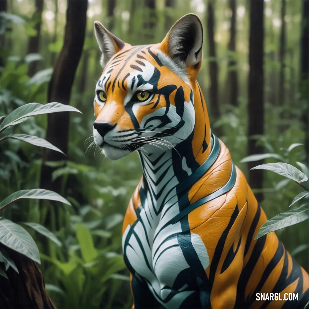 Statue of a tiger in a forest of trees and plants, with a green background. Example of NCS S 3040-Y20R color.