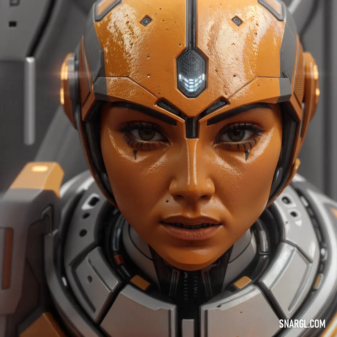 NCS S 3040-Y30R color. Close up of a robot woman with a helmet on her head and a sci - fi, Eve Ryder