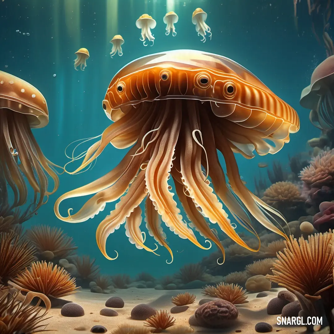 Painting of a jellyfish in the ocean with other jellyfish in the background. Example of RGB 180,109,48 color.