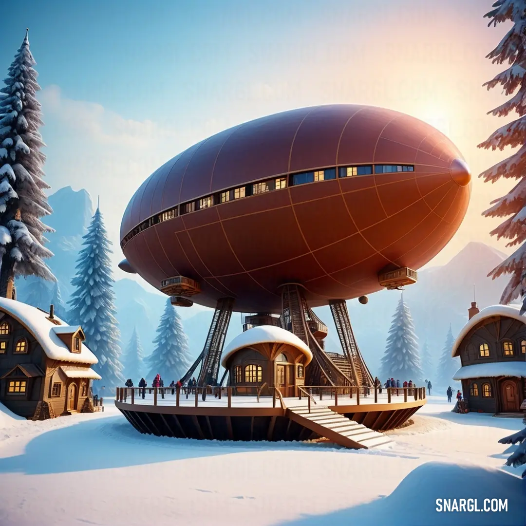 Large brown object on top of a snow covered field next to trees and buildings in the snow. Example of NCS S 3040-Y40R color.