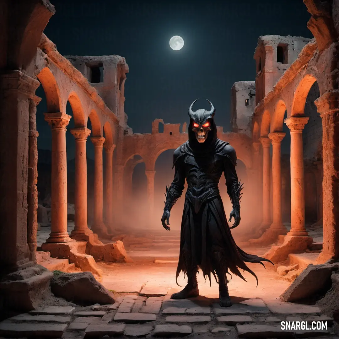 Demon in a black costume standing in a dark alley way with a full moon in the background. Example of CMYK 0,61,68,23 color.