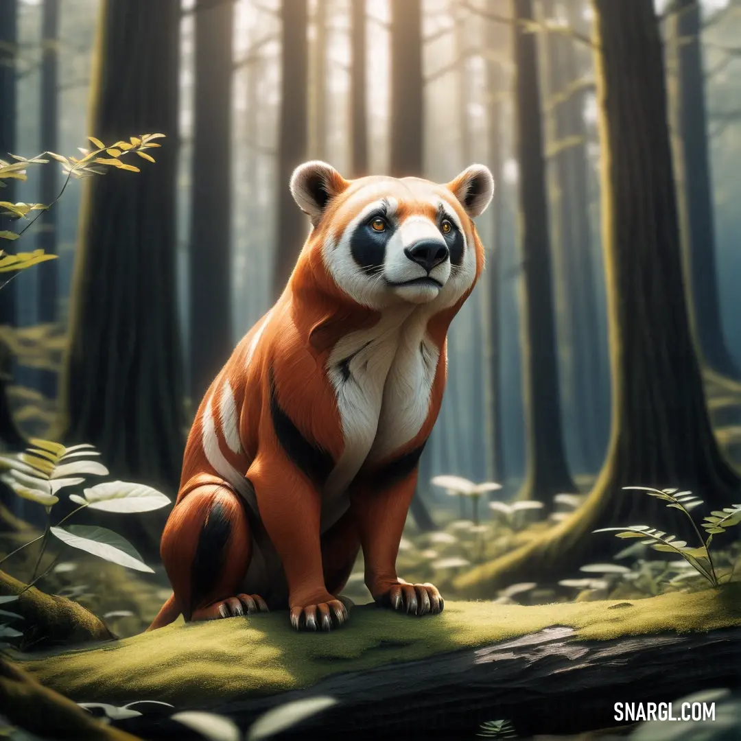 Red panda in the middle of a forest with trees and grass around it's edges and a sun shining through the trees