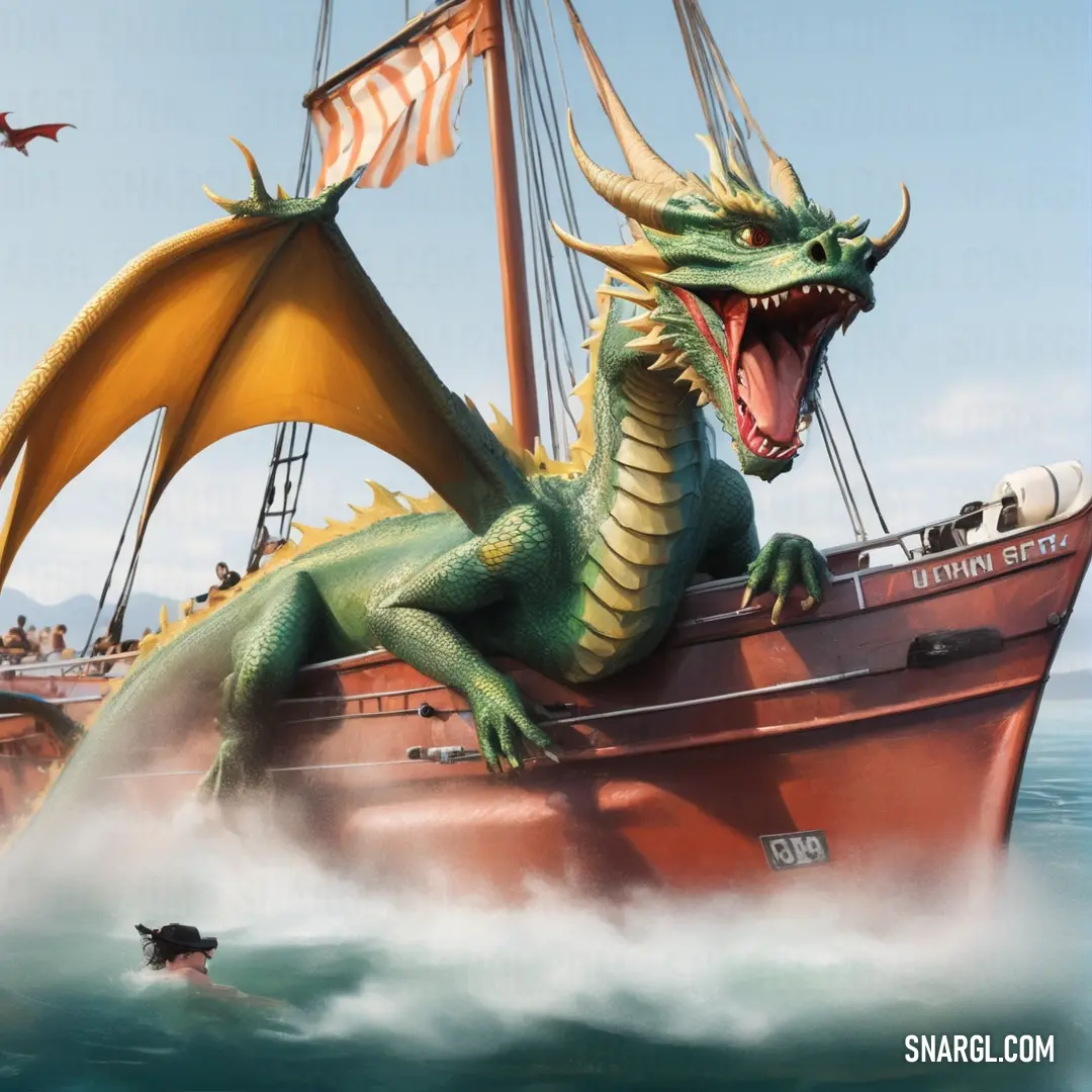 NCS S 3040-Y70R color example: Dragon on a boat in the ocean with a dog swimming nearby in the water
