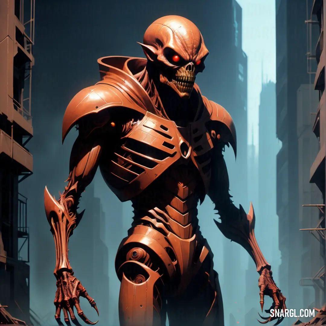 Robot with a large head and a massive body in a city setting with buildings and a giant robot. Color NCS S 3040-Y70R.