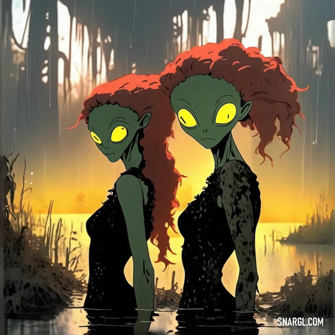 Two cartoon characters standing in the water with yellow eyes and hair. Color #B75E45.