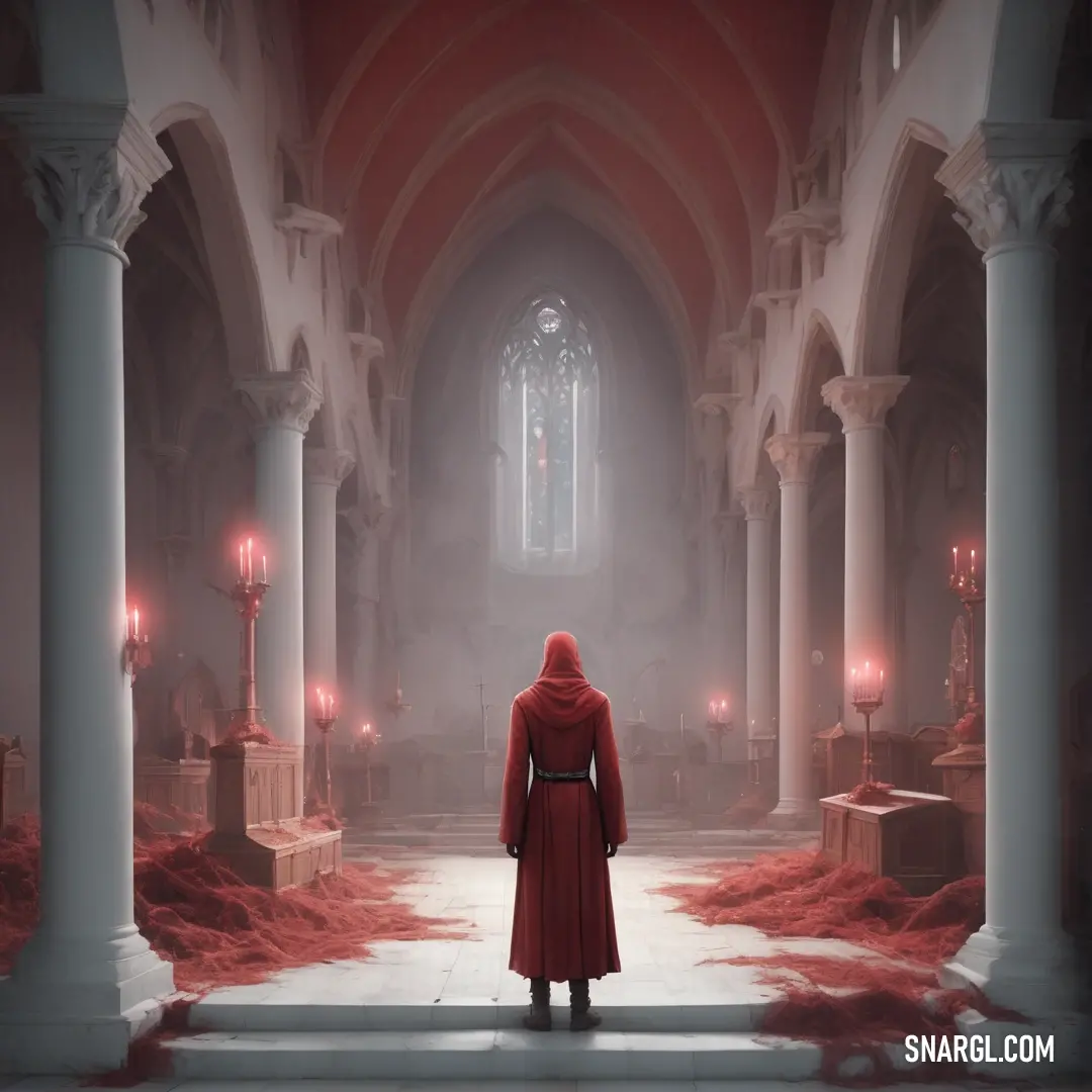 Person in a red robe standing in a church with columns and a red carpet on the floor. Color CMYK 0,68,60,25.