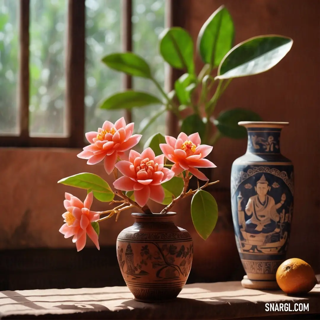 Vase with flowers and a fruit on a table next to a window with a view of a tree. Color CMYK 0,68,60,25.