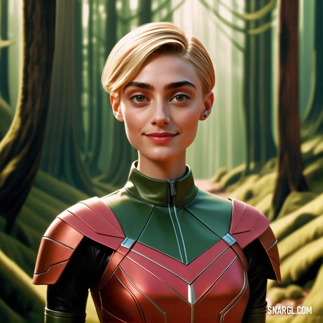 NCS S 3040-Y90R color example: Woman in a red and green outfit standing in a forest with trees and grass behind her